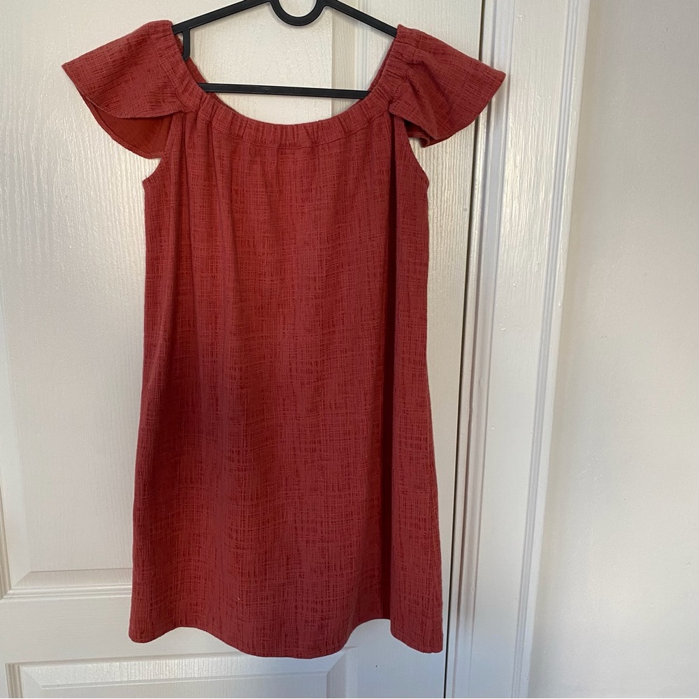 Madewell Red Texture Thread Button Front Ruffle Off-the-Shoulder Mini Dress XS - Picture 10 of 14